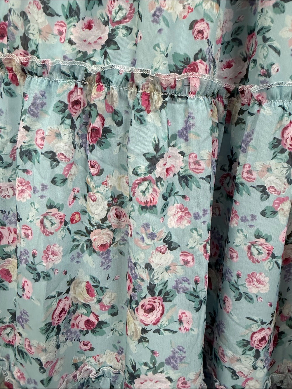 Scarlet Darkness Floral Tiered Maxi Skirt Size S Light Blue with Pink Roses - Picture 7 of 9